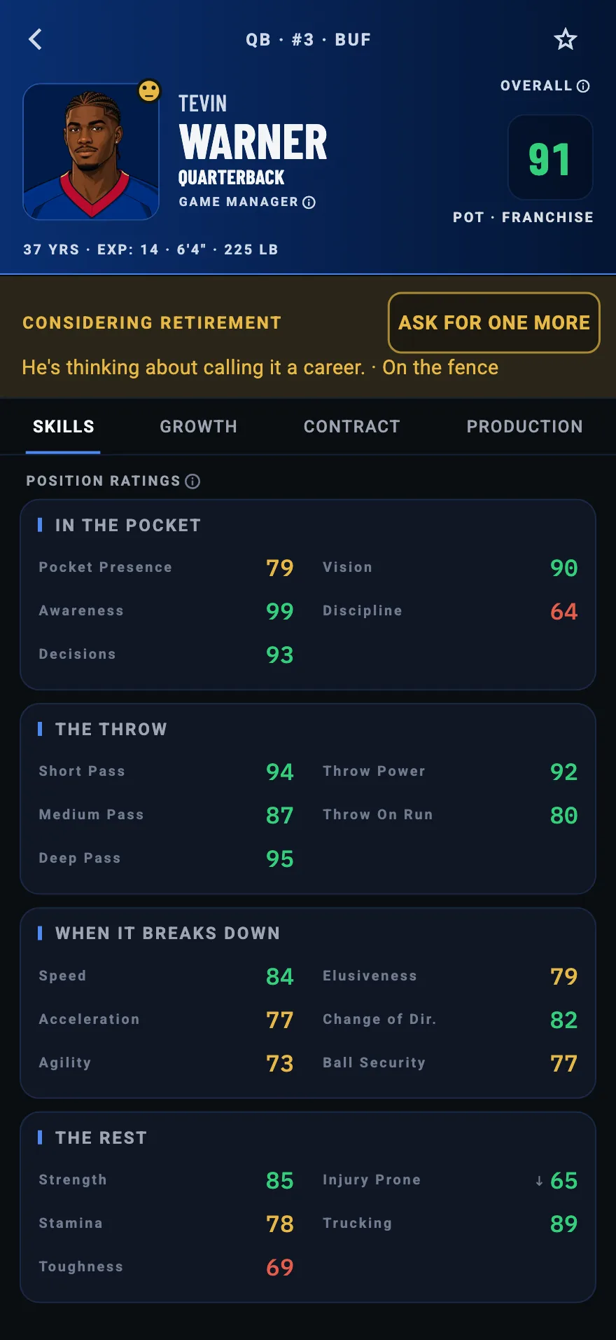 Player card for a 37-year-old quarterback considering retirement, with an Ask for one more button